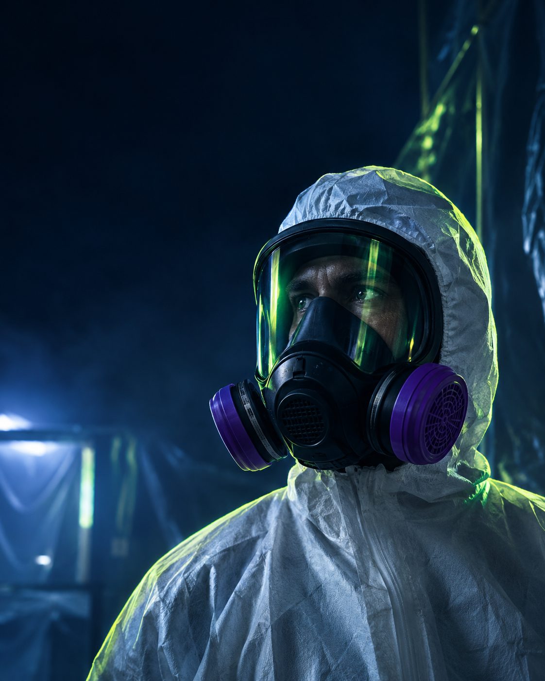 AR Safety technician in a full-face respirator and protective coverall